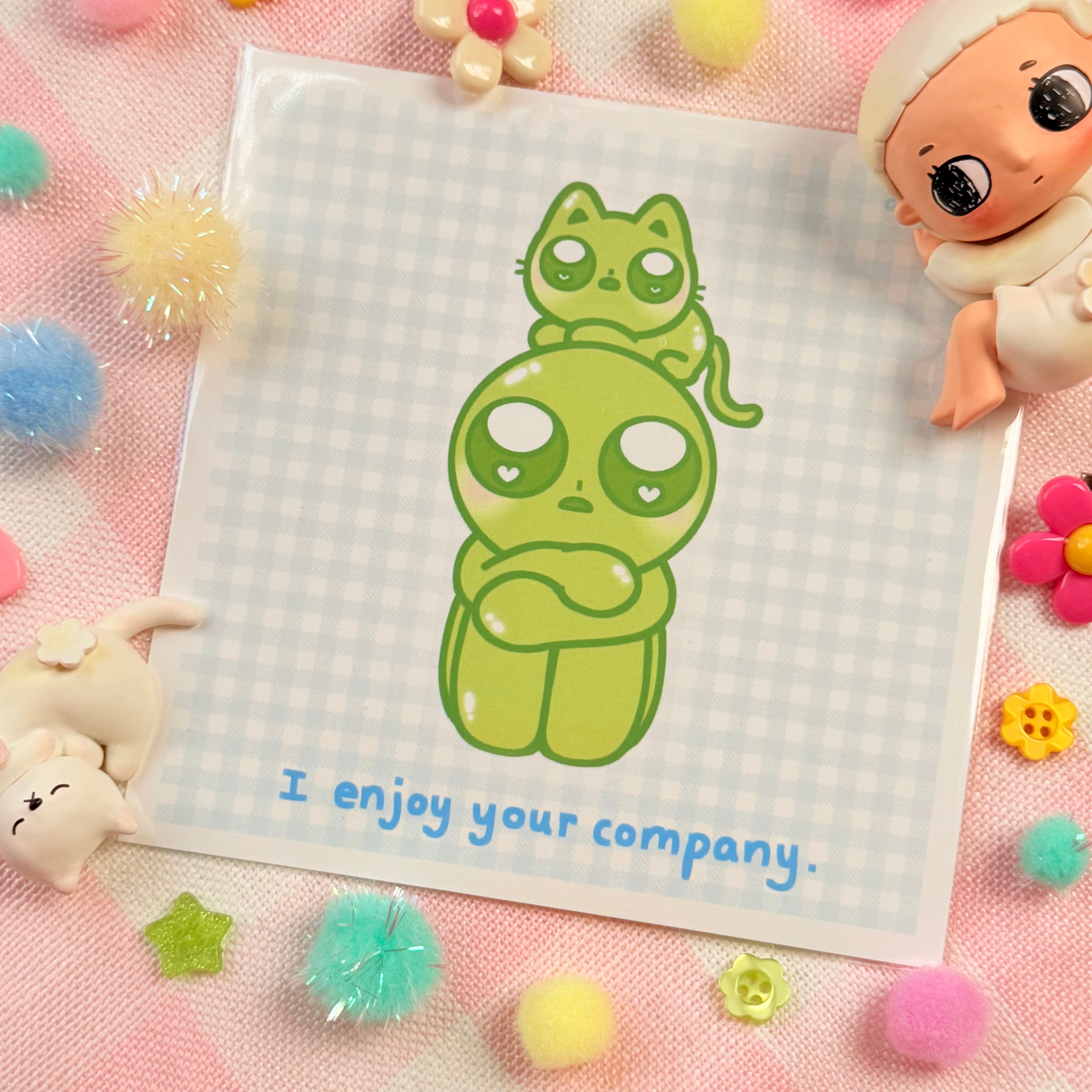 Green Alien Buddy + Kitty Duo Art Print