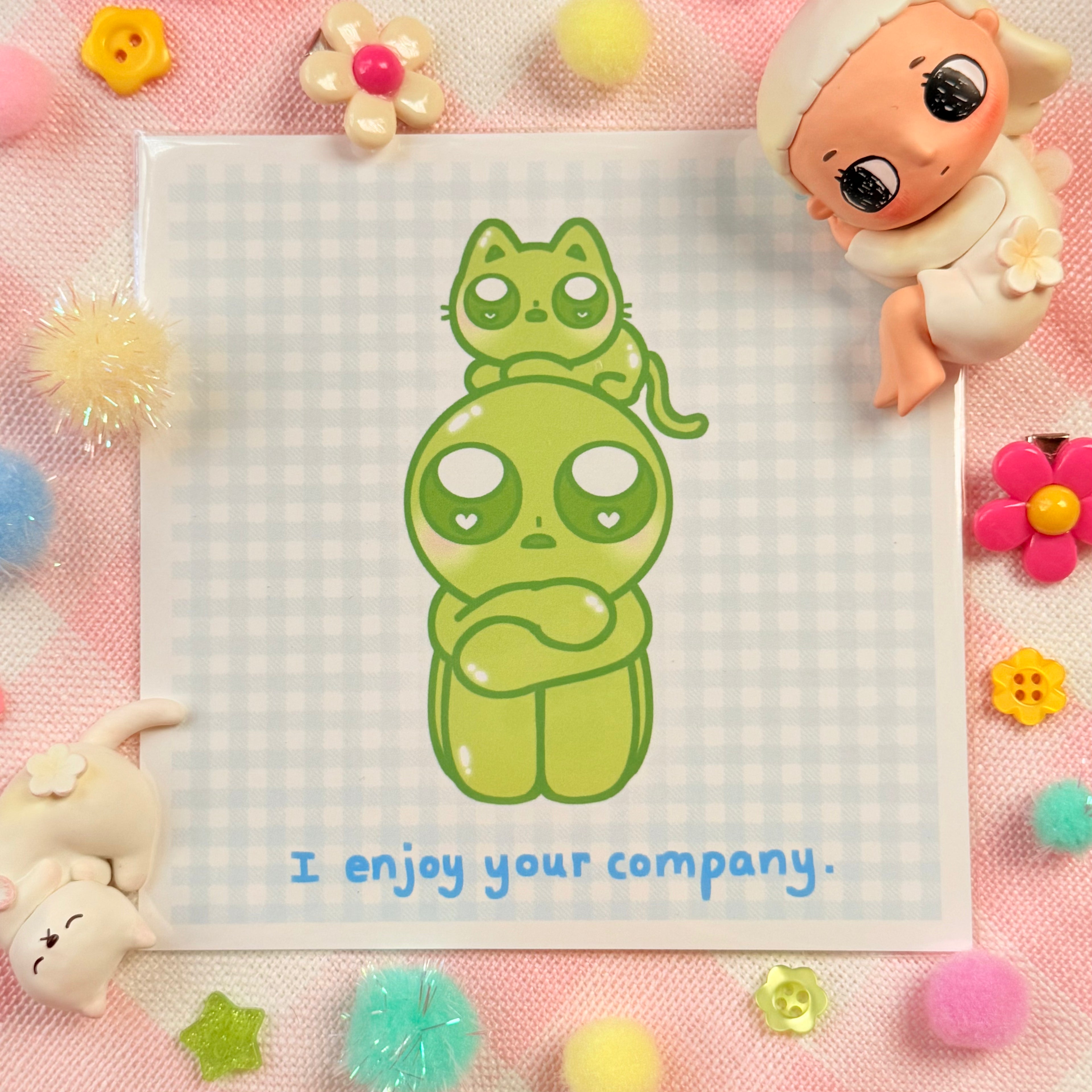 Green Alien Buddy + Kitty Duo Art Print